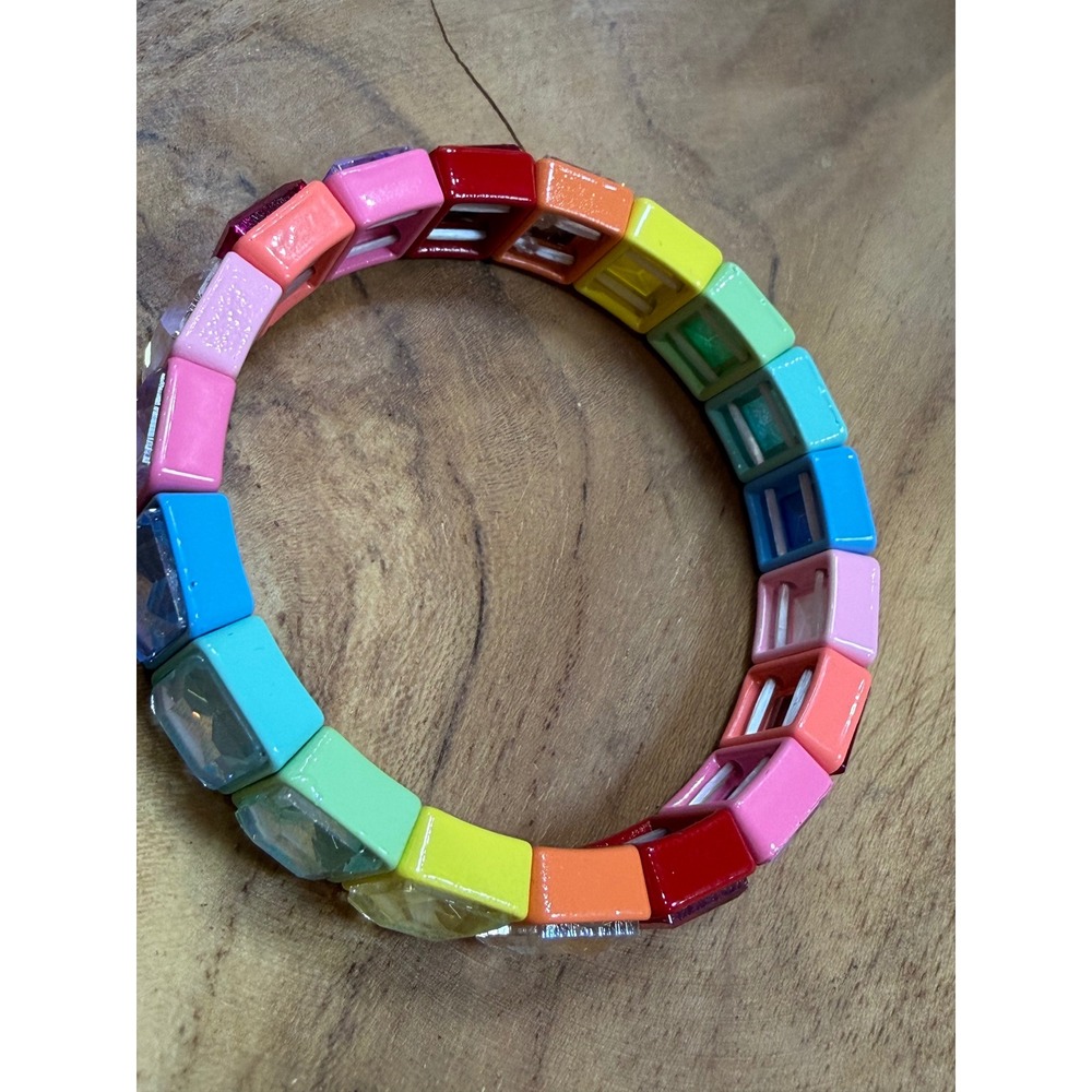 Rainbow Stretch Bracelet Emerald Cut Multicolor Enamel Statement Jewelry NWOT - Picture 3 of 5